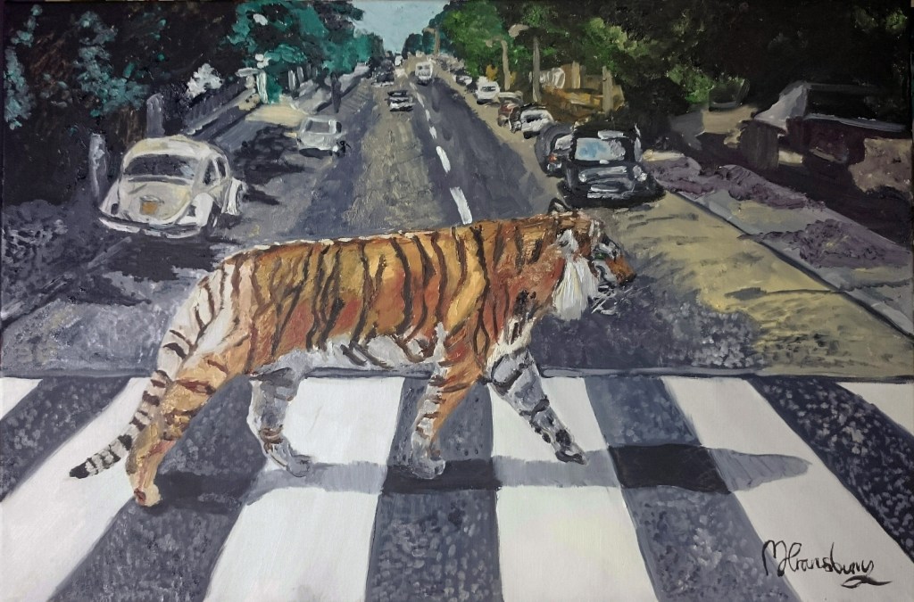 Abbey Road Tiger, 2016, oil on canvas, 30" x 20"